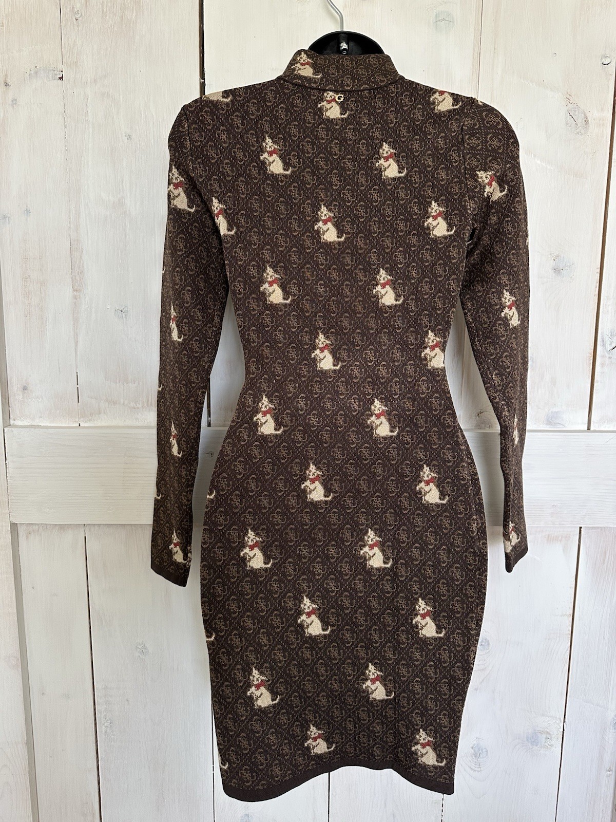 Brandalised Banksy Graffiti Cat Monogram Cutout Mock Neck Mini Dress Brown XS