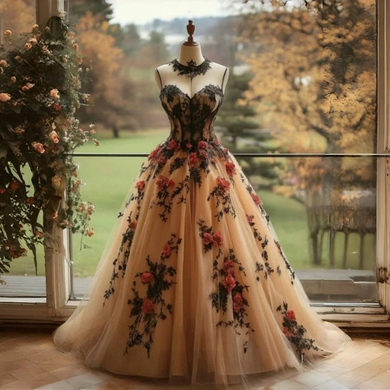 Lace Appliques Vintage Evening Dress with Dark Red Floral Appliques Tulle Gown