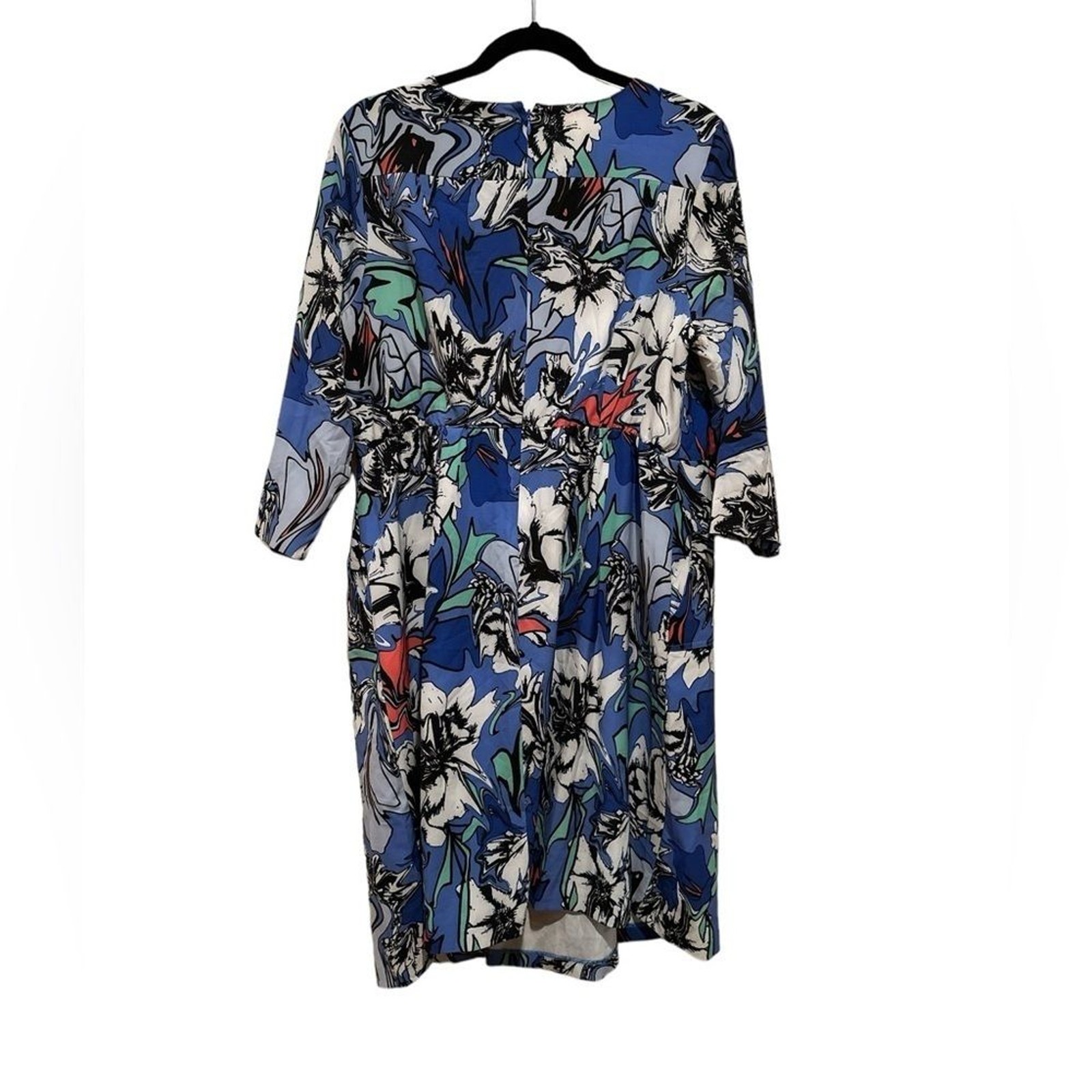 ELOQUII FLORAL BOHO LONG SLEEVE ROUND CREW NECK BLUE GREEN WHITE DRESS 14