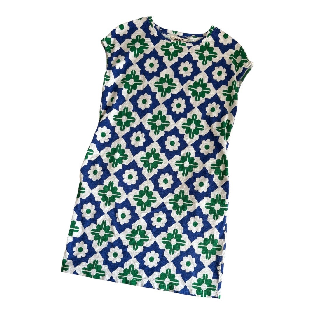 Boden Leah Green and Blue Geometric Pattern Jersey T-Shirt Dress Women’s Size 6