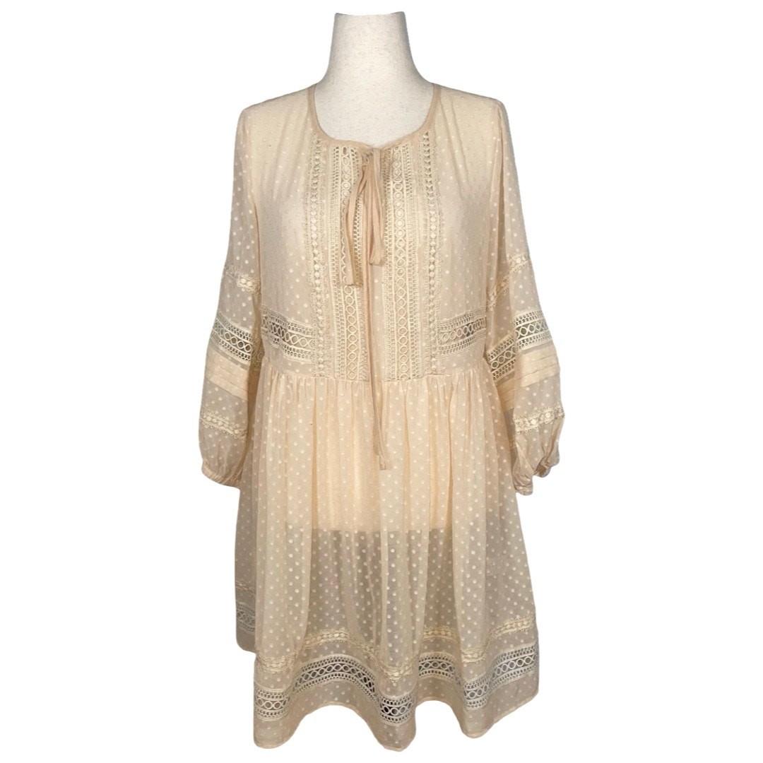 STELLAH Anthropologie Beige Swiss Dot Lace Sheer Dress Size: L
