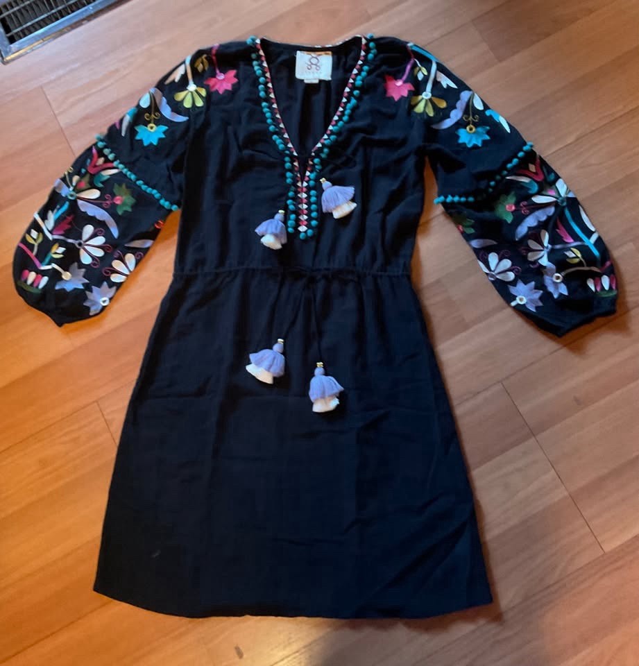 Figue Black Floral Embroidered V-Neck Tassel Tie Midi Dress Sz: XS