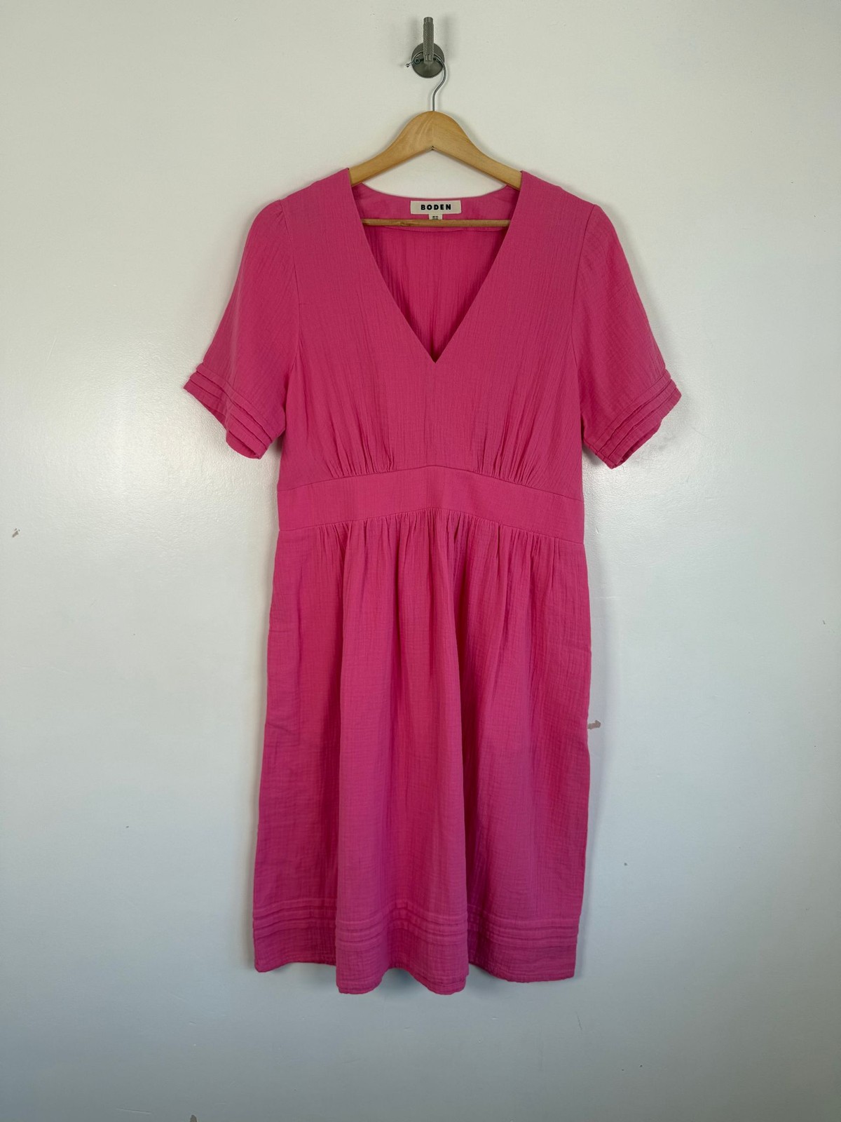 Boden Dress Size 14 Pink V Neck Double Cloth Cotton Summer Holiday Knee Length