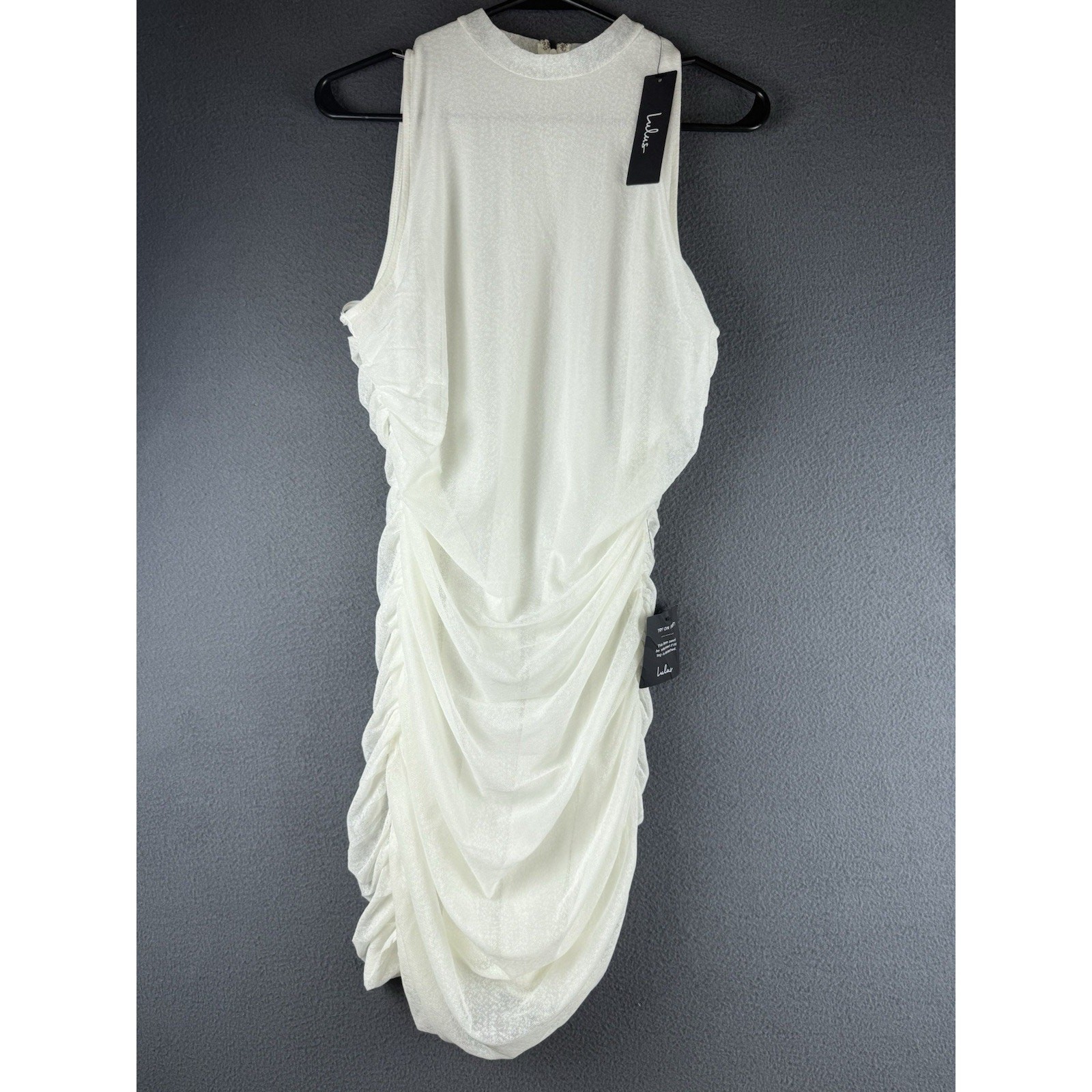 NWT Lulus Modern Movement White Mesh Ruched Mock Neck Mini Dress Bodycon Size XL