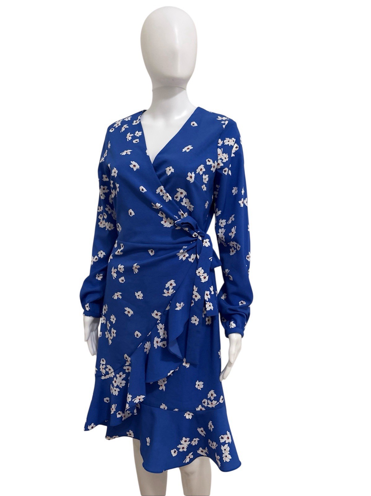 Banana Republic Blue White Floral Long Sleeve Ruffle Side Tie Wrap Dress Sz 6