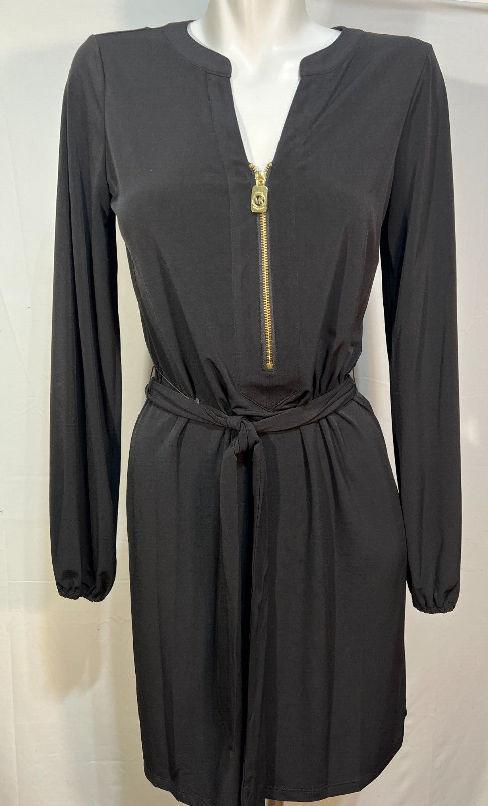 Michael Kors Women Large Black Dress With Belt Gold Zipper Logo New NWT