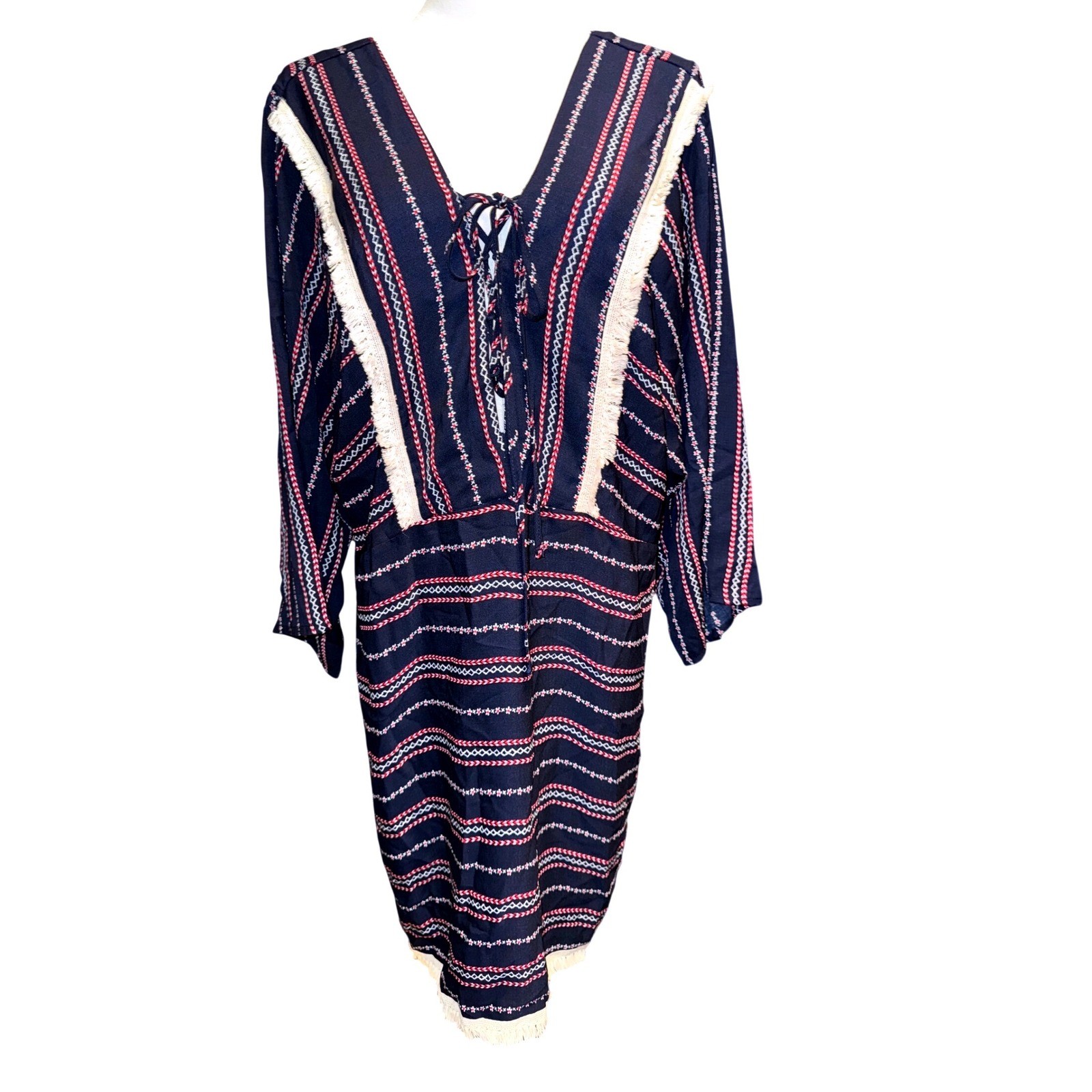 Karlie Navy Blue Stripe Fringe Lace Up Boho Mini Dress NWT Size Large
