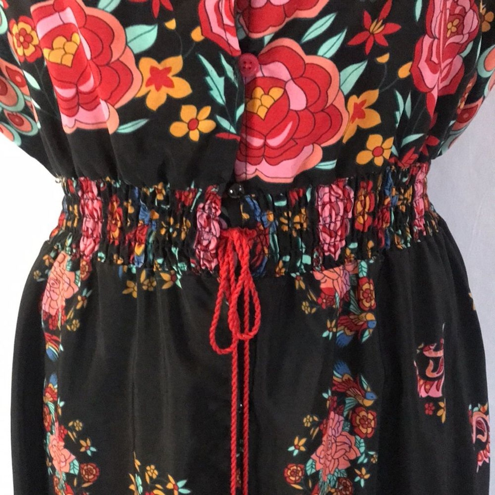Black floral peacock colorful print short sleeves hi-low maxi dress boho gypsy M