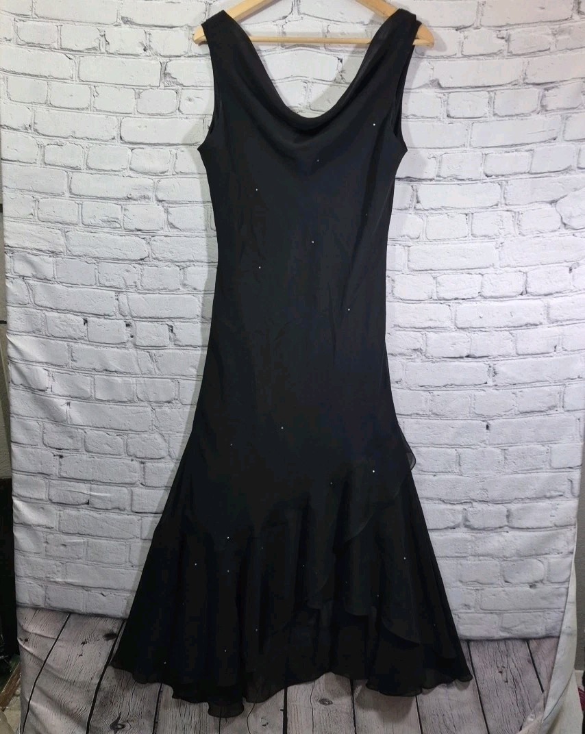 Nina Ferre Little Black Dress Womens 12 Low Neck Rhinestone Ruffle Whimsy Goth