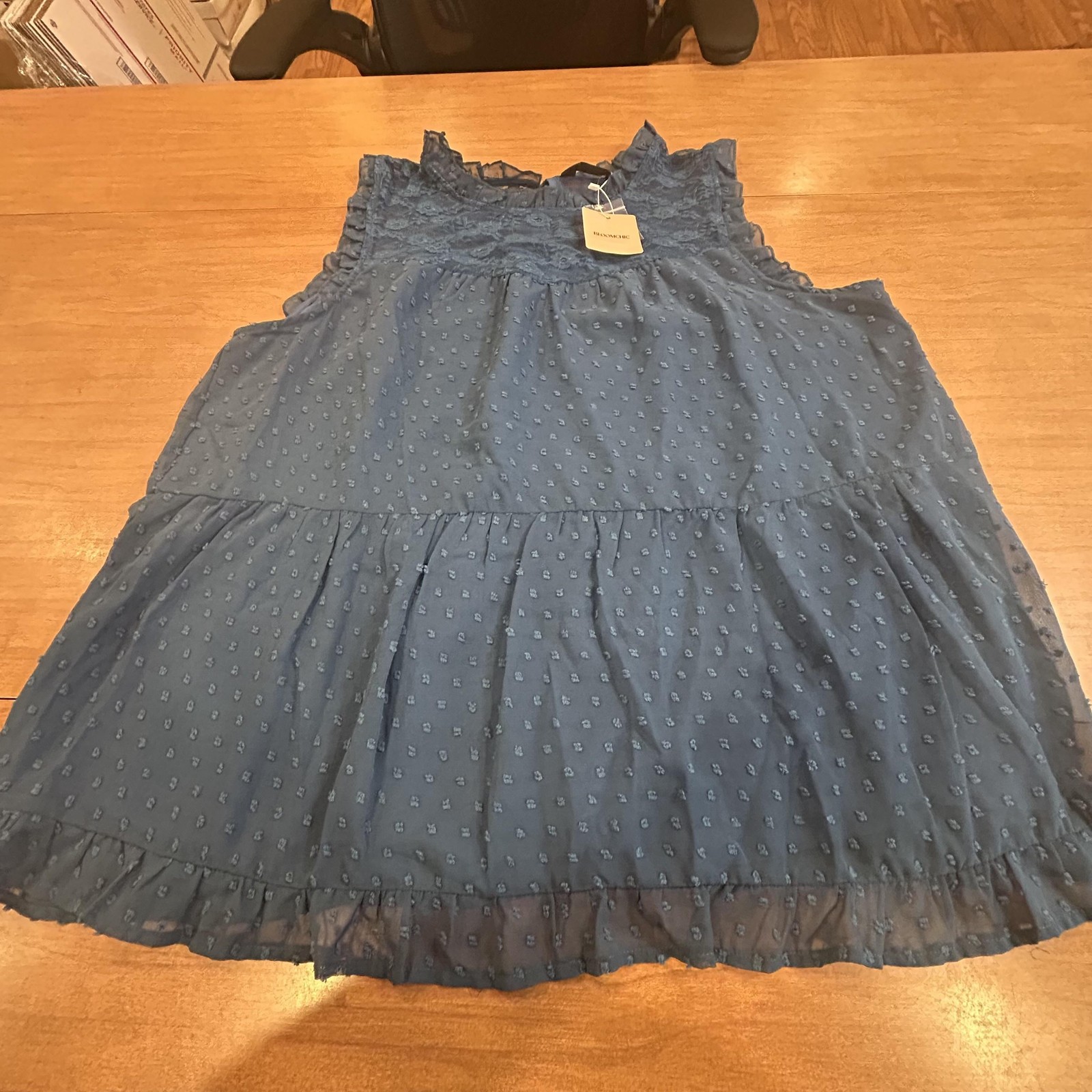 Bloomchic Dress Womens 18-20 Blue Swiss Dot Lace Ruffle Sleeveless Lined Swing