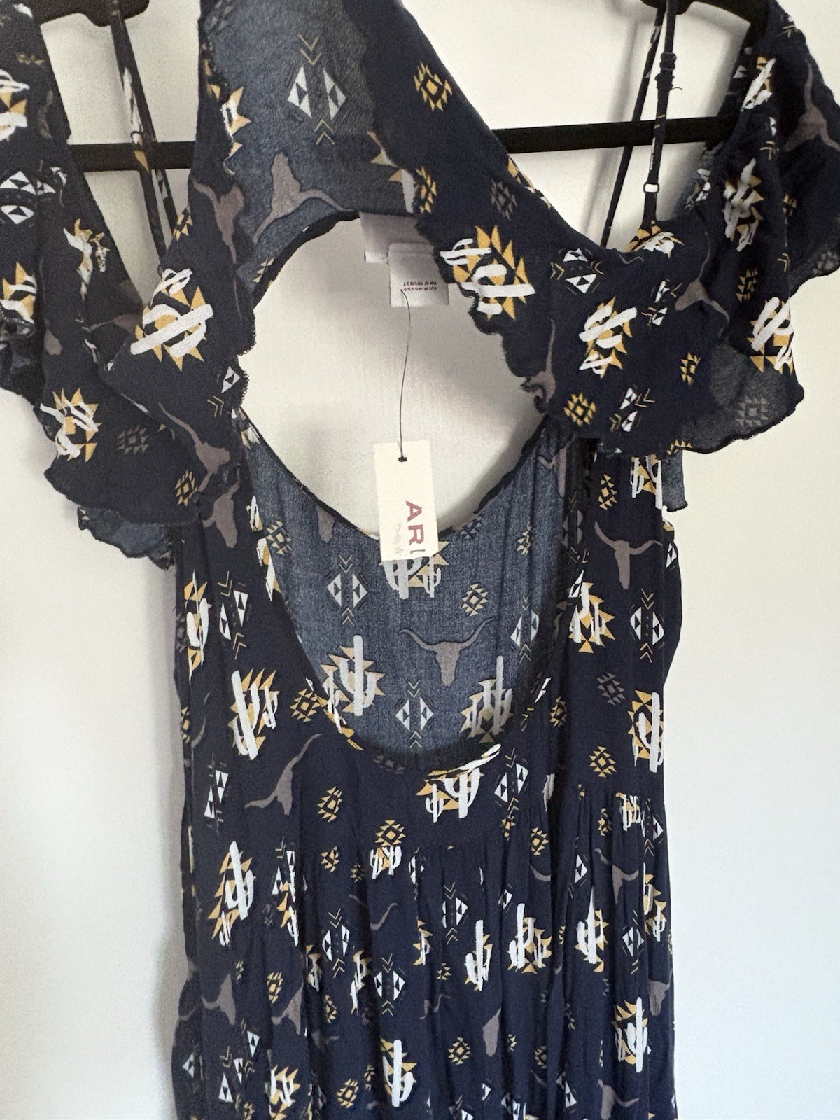 Ariat Western Rodeo Midi Dress Ruffle Hem Peasant Cowgirl Size 12 Blue