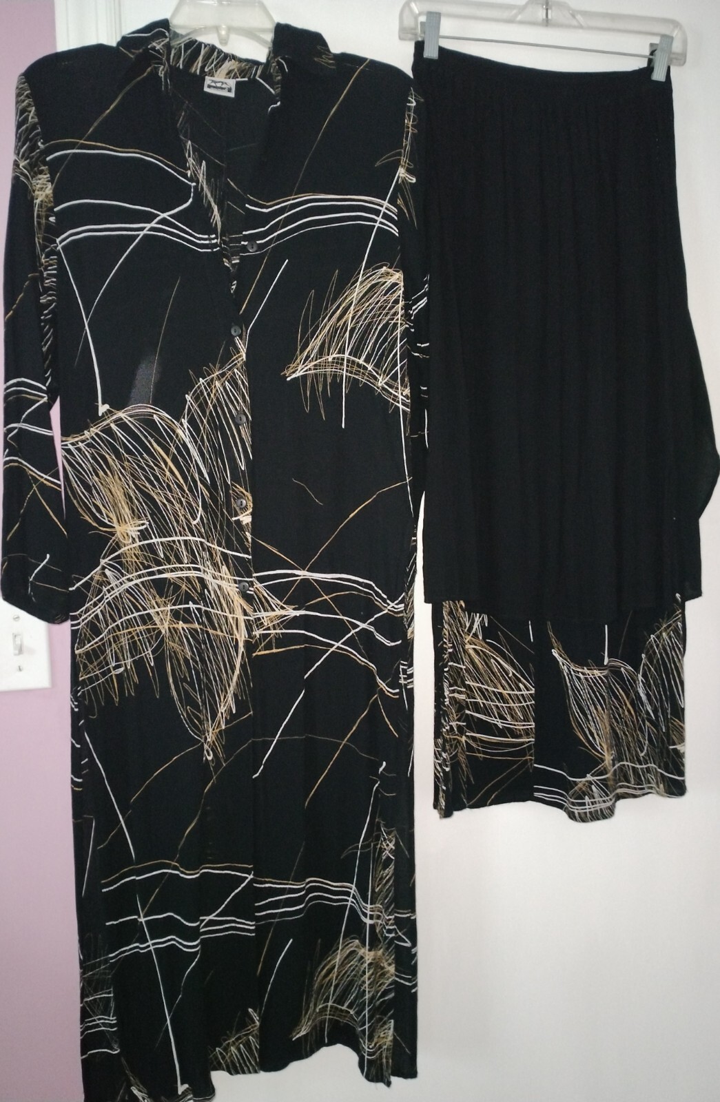 2 piece outfit dress skirt, S, black, multicolor, long sleeve, button, collar