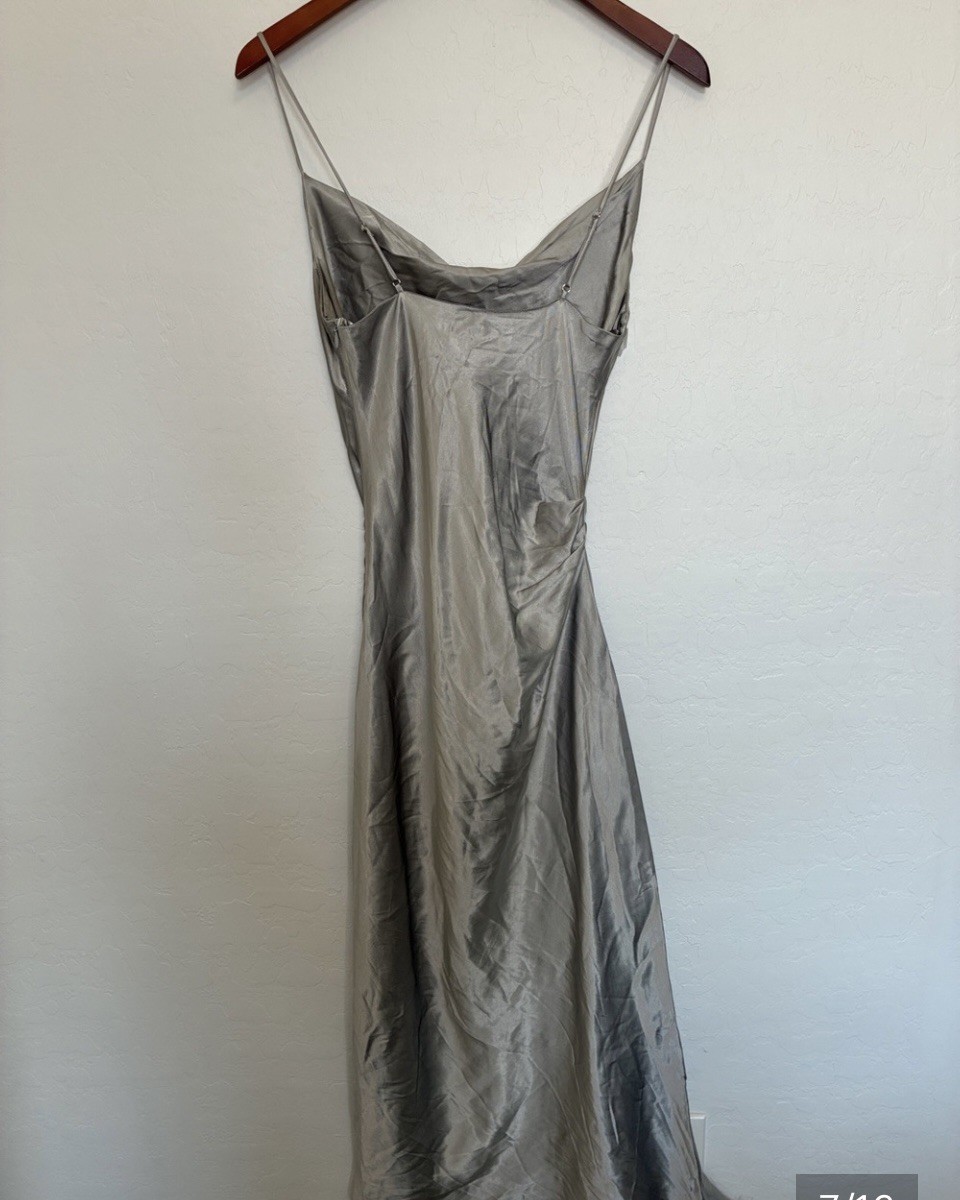 Zara Satin Effect Midi Dress Metallic Silver Cowl Neck Ruched Draped Side S NWT