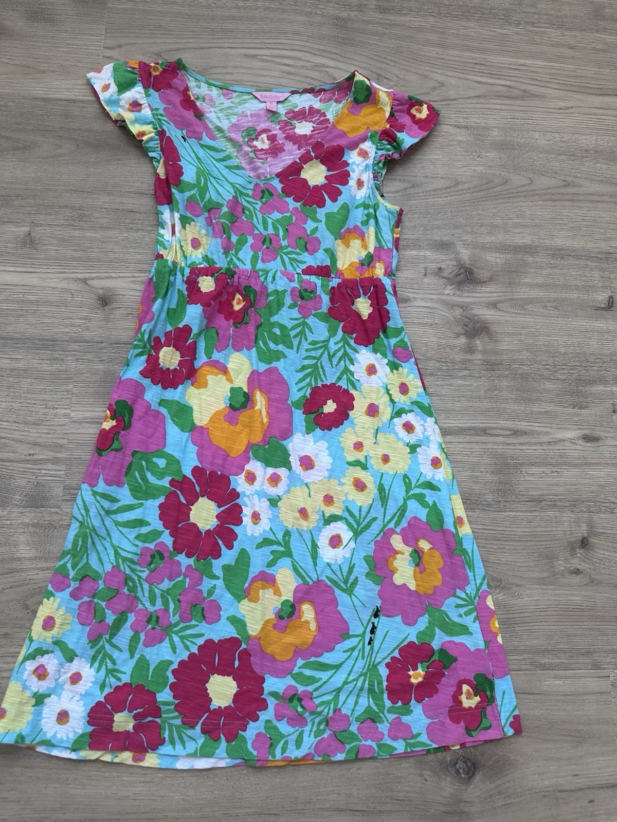 Lilly Pulitzer Floral Knit A-Line Dress V-Neck Ruffle Cap Sleeve Stretch XS