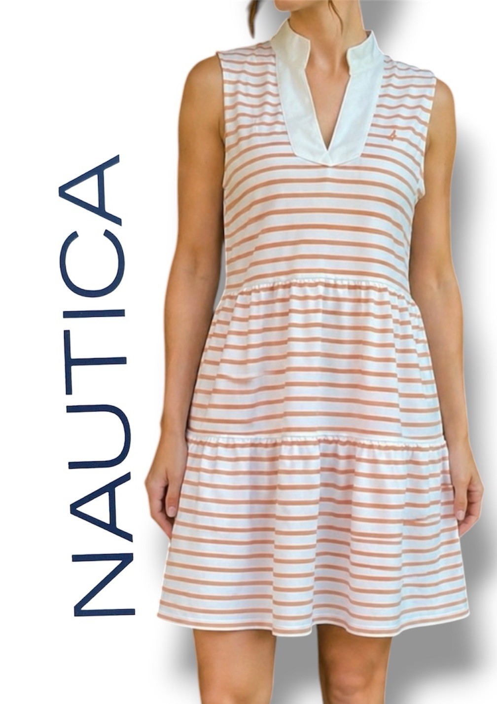Nautica Jeans Striped Sleeveless Tank Dress Orange White V-Neck Women’s Size S