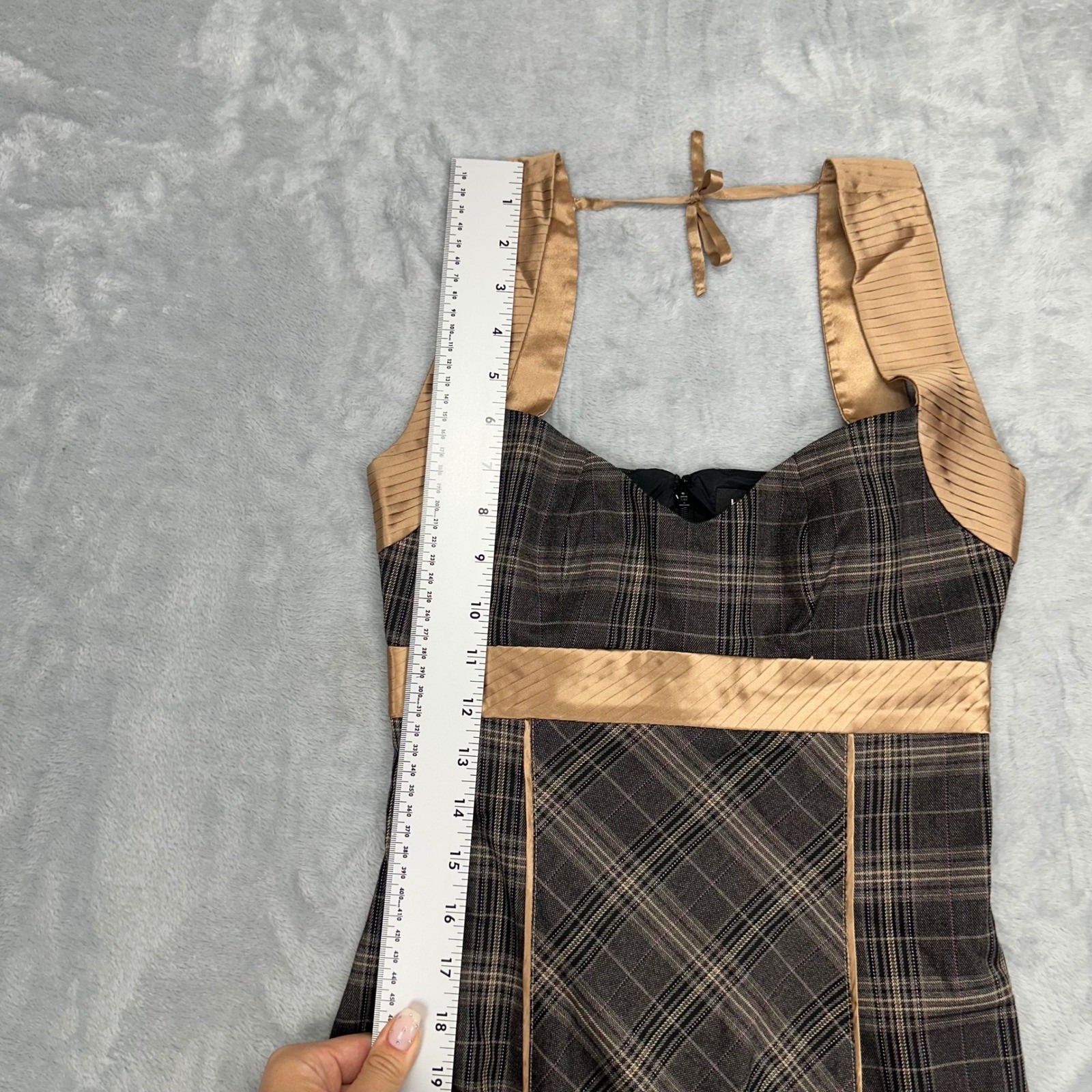 Y2K Bebe Plaid Halter Mini Dress Brown Tan Satin Trim Lace Ruffle Size 0