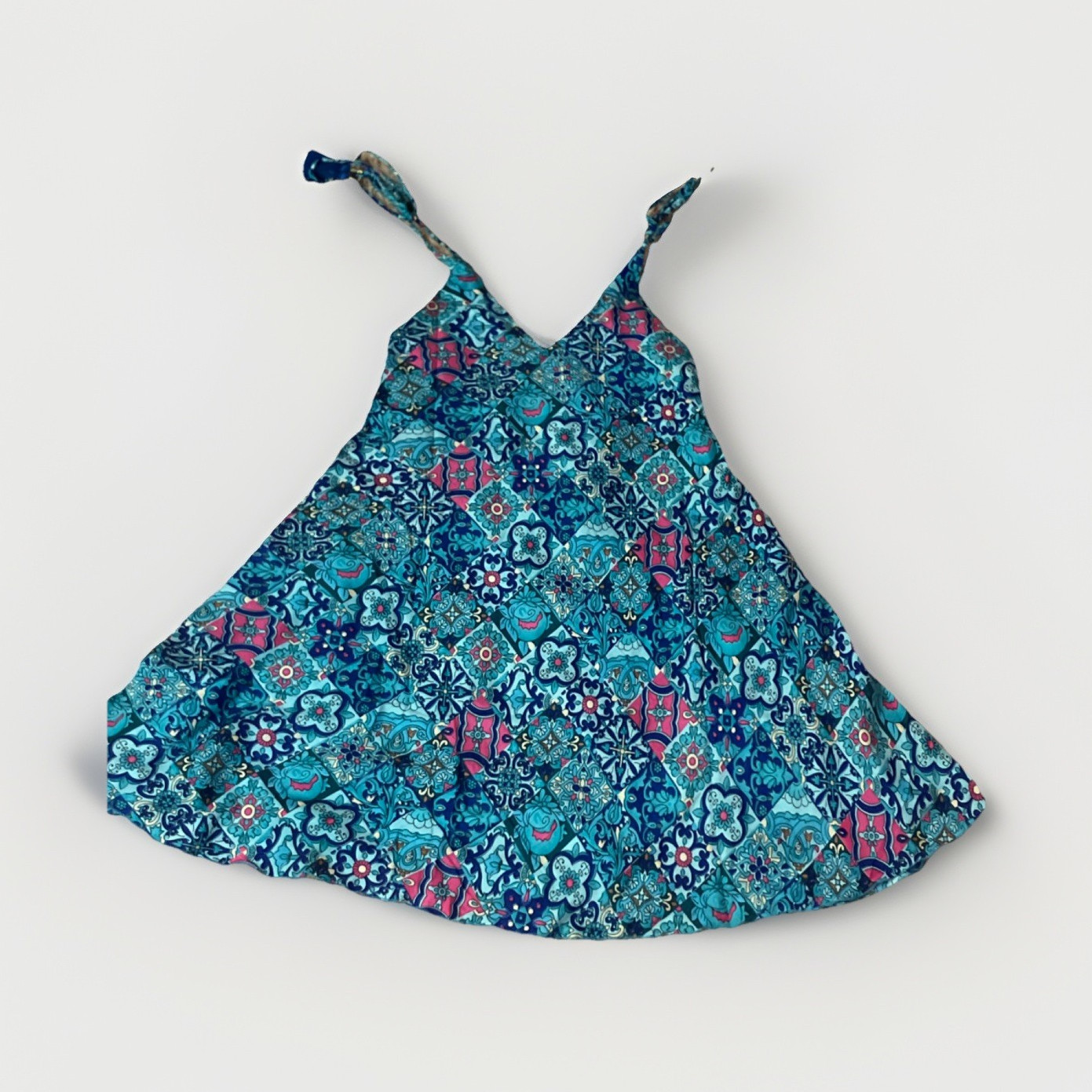 Women’s Blue Teal Pink Floral V-Neck Spaghetti Strap A-Line Dress S