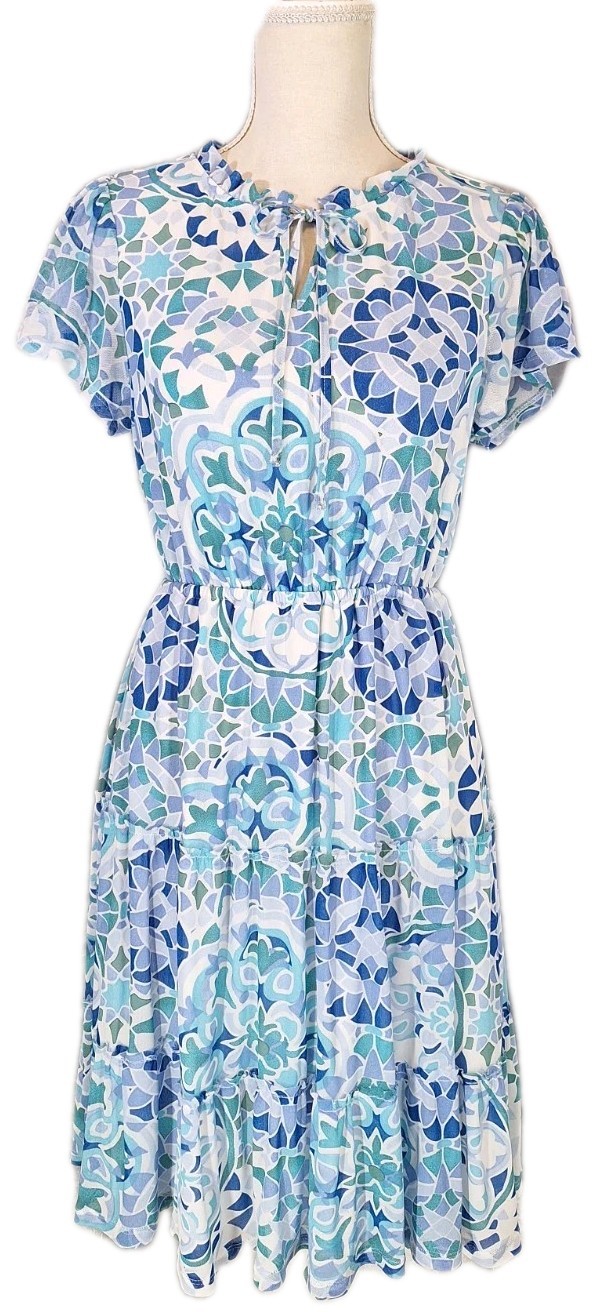 NWOT INDIGO ROSE SzM Ruffle Tiered Tie V-neck Mesh Geometric Peasant Dress Boho