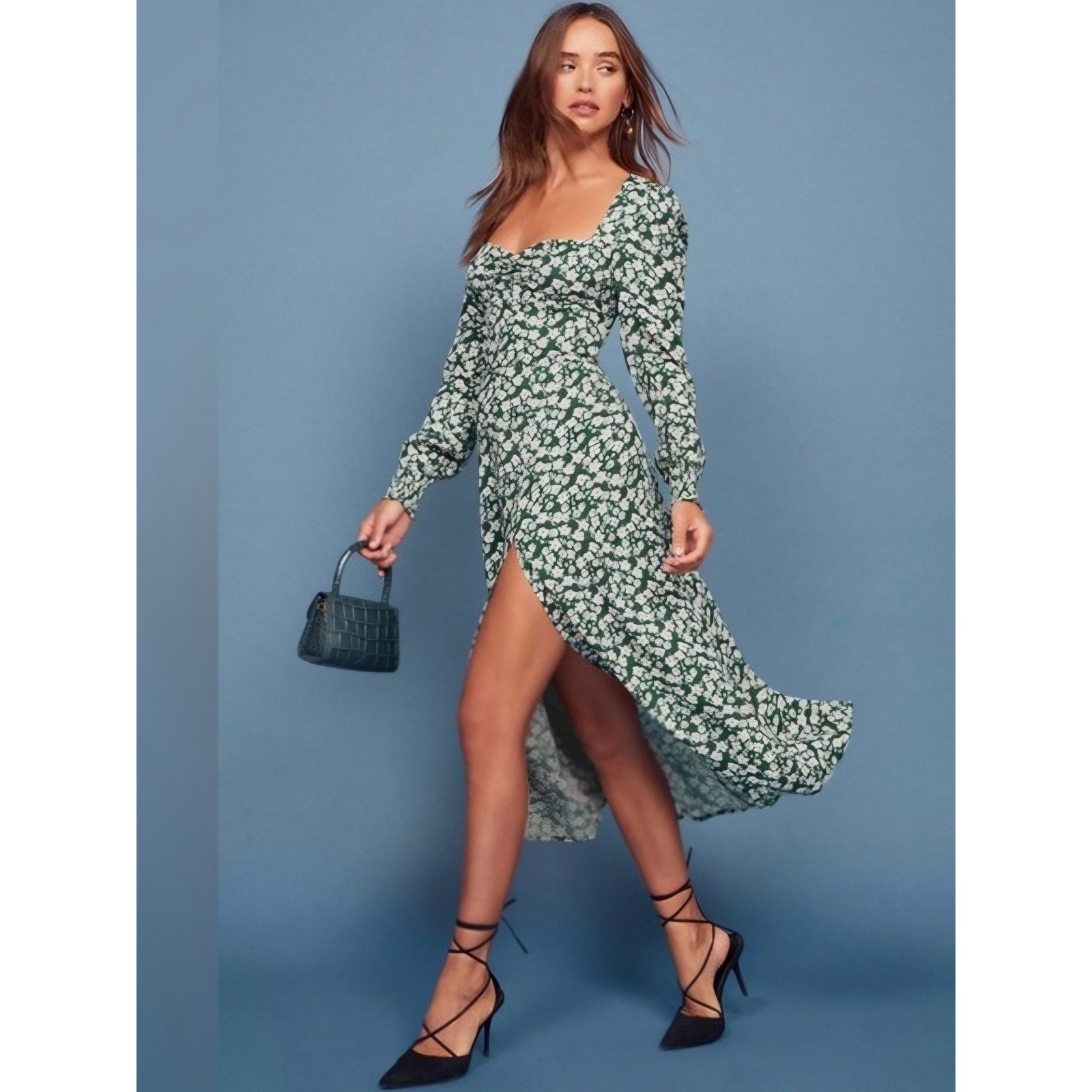 Reformation Wallflower Green Floral Long Sleeve Midi Dress High Slit Size 0