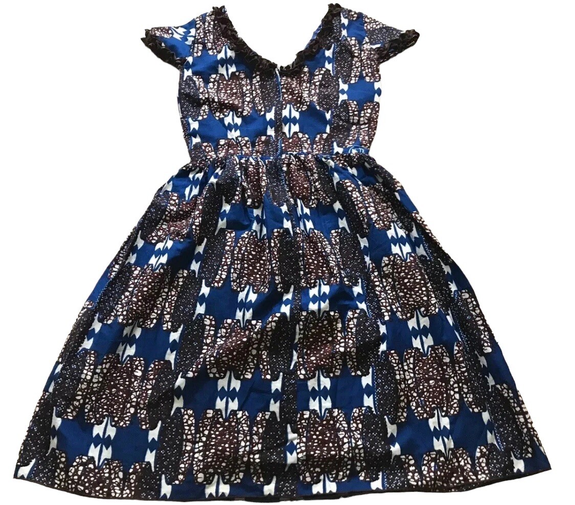 Handmade Dutch Wax Print Short Sleeve Dress Fit and Flare Small S XS Blue Brown