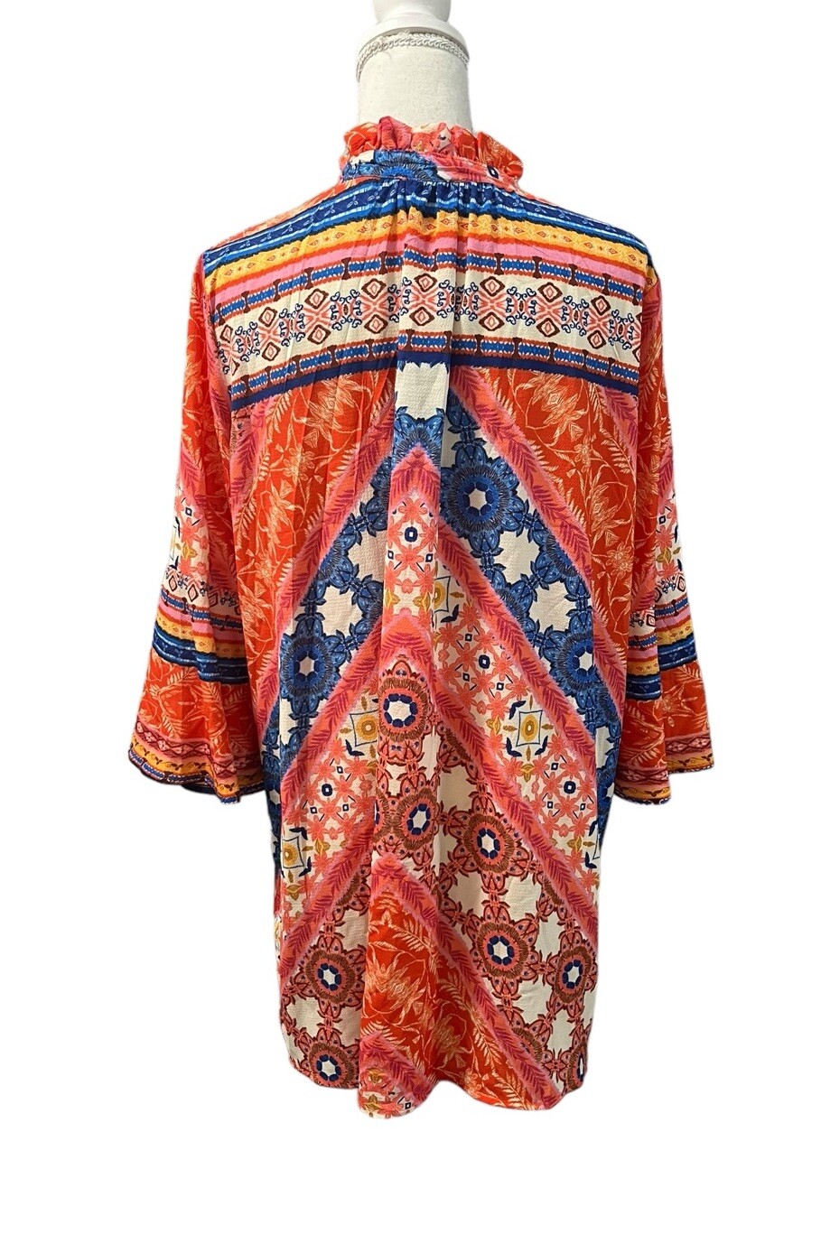 Umgee Orange Multicolor Bohemian Peasant Bell Sleeves Dress/Tunic Keyhole Small
