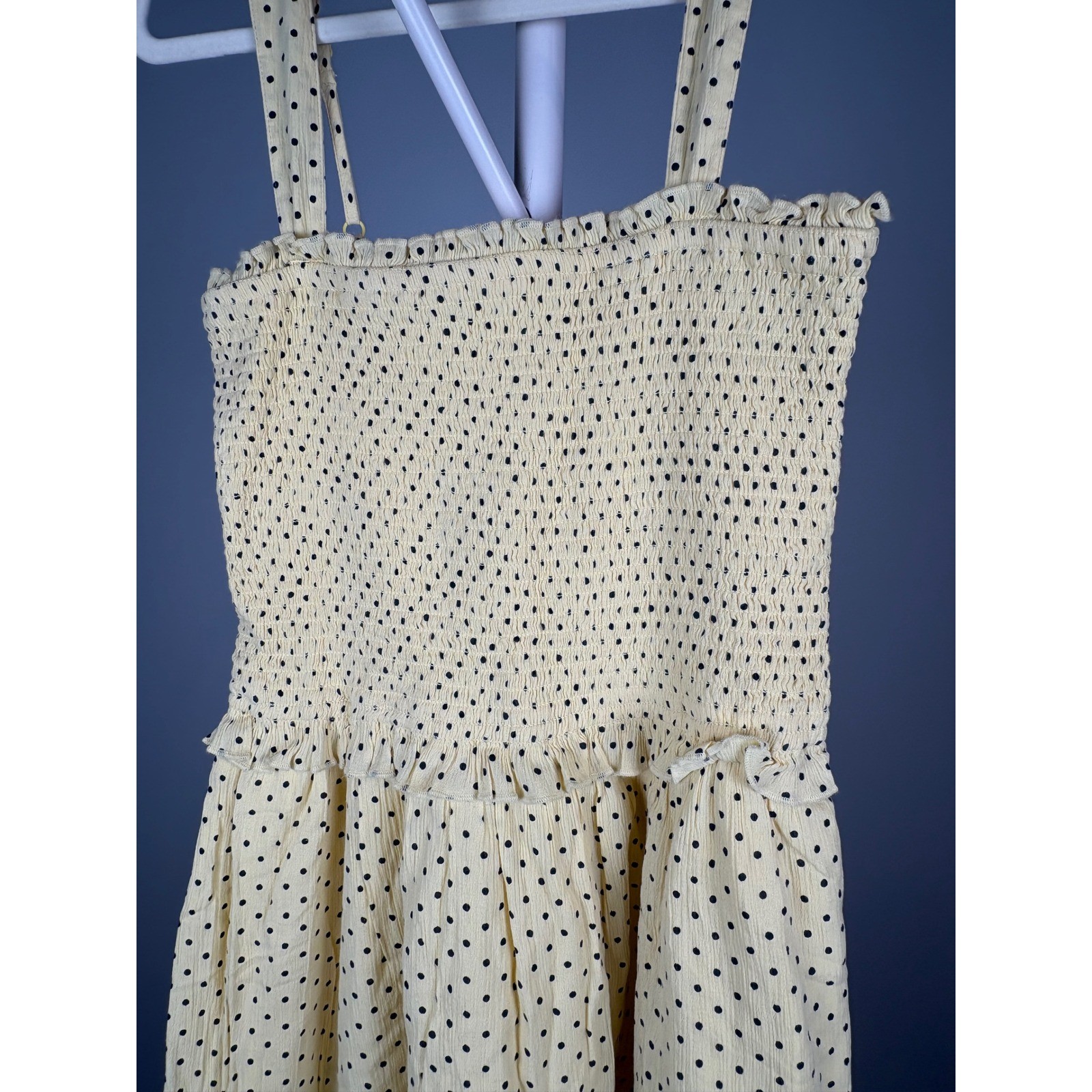 Aerie Yellow Polka Dot Smocked Midi Dress Eyelet Hem 071-7495-2213 Womens Medium