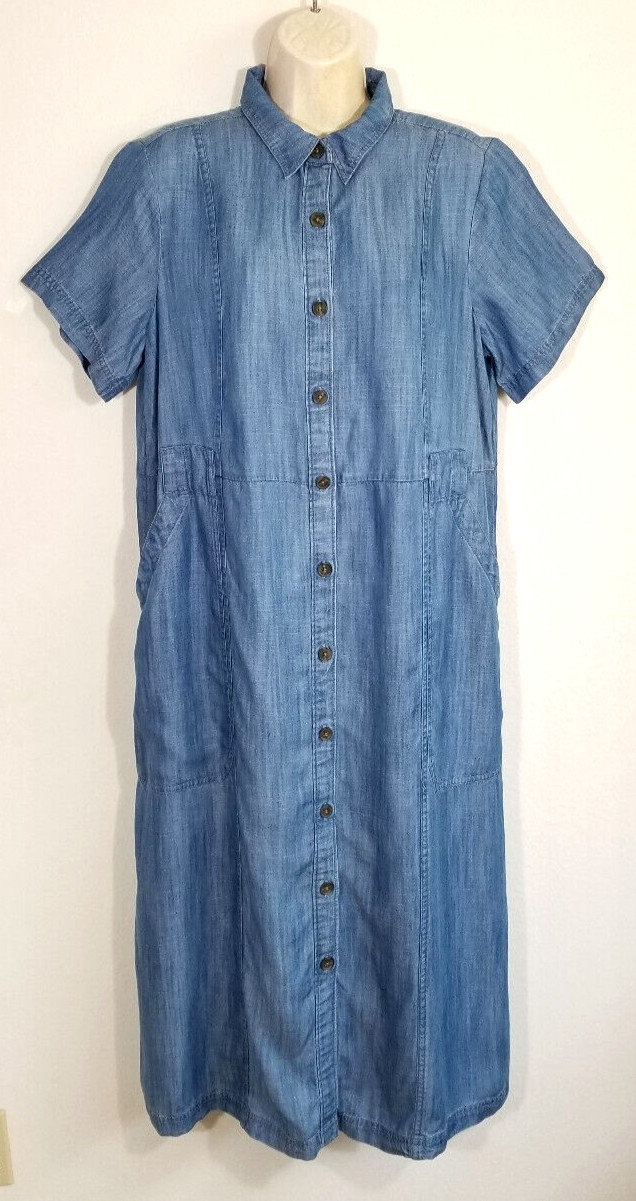 Lands’ End Women Medium 10-12 Shirt Dress Midi Blue Soft Indigo Pockets Lyocell