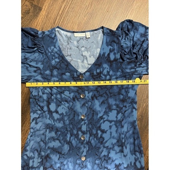 Susan Graver Womens Liquid Knit Blue Midi Dress Sz L Front Button Flowy Church
