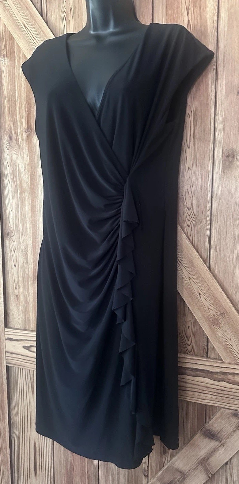 ESTABLISHED 1962 Black V-Neck Cap-Sleeve Faux Wrap Stretchy Dress Size 12