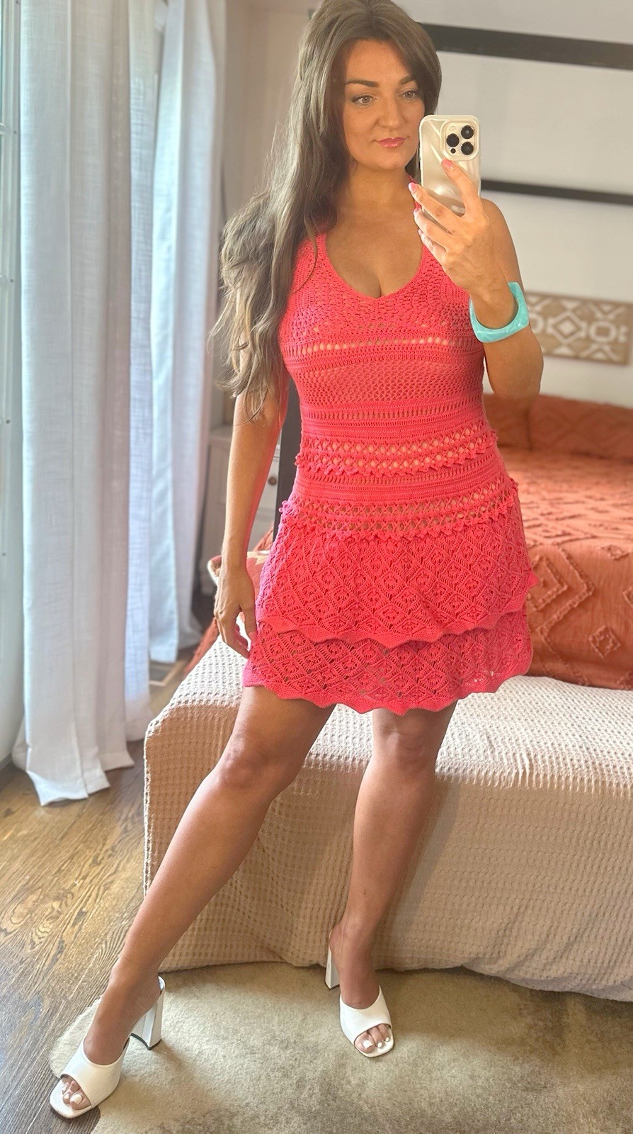Rare Moda International Size Medium Pink Crochet Tiered Halter Mini Dress