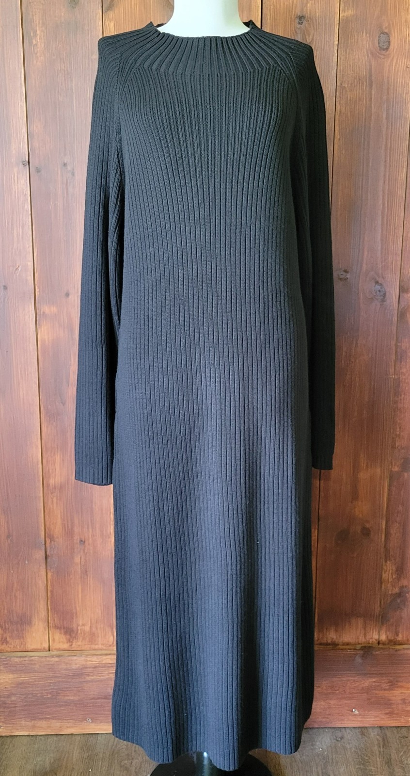 Vintage Coldwater Creek Direct Sweater Dress Women L Black Ribbed Maxi Sunburst