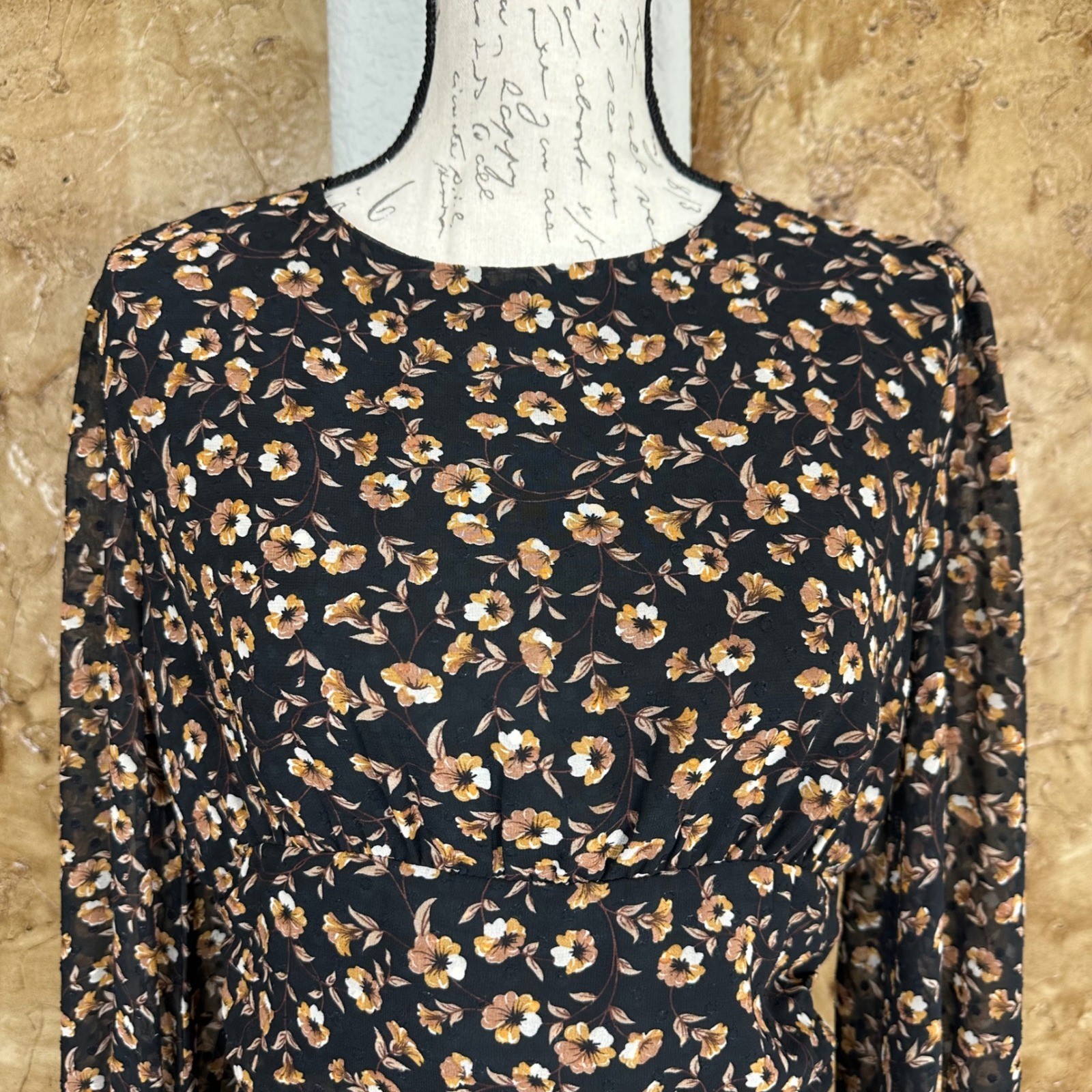 Storia Floral Print Long Sleeve Mini Dress Large Black Brown Ruched Ruffle