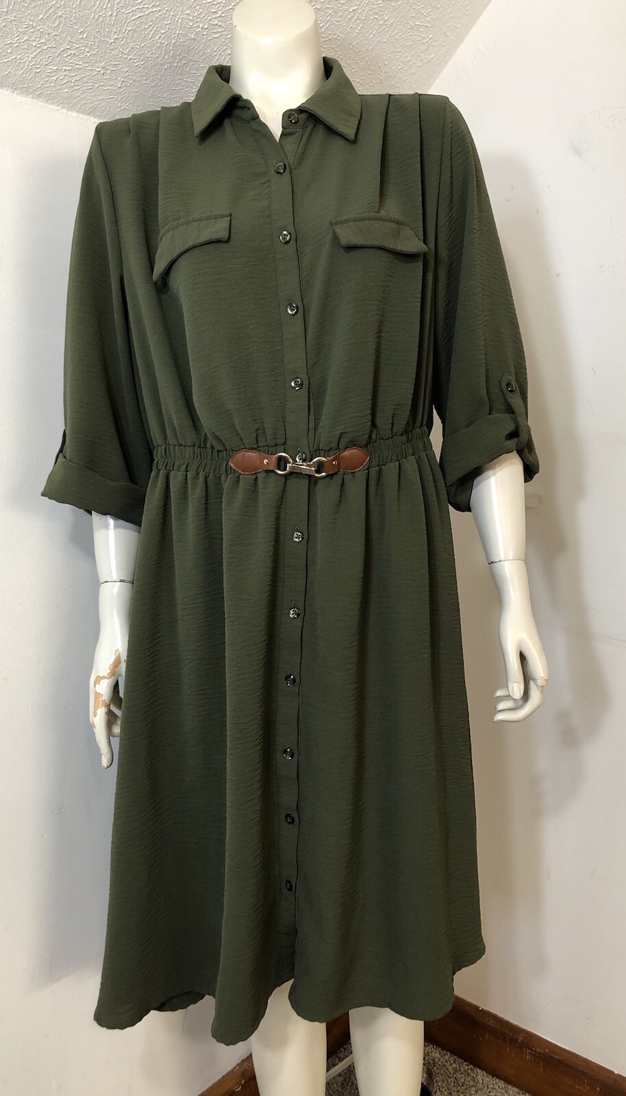 Indigo Rose Womens 1X Dress Olive Green Button Front Elastic 3/4 Sleeve Roll Tab