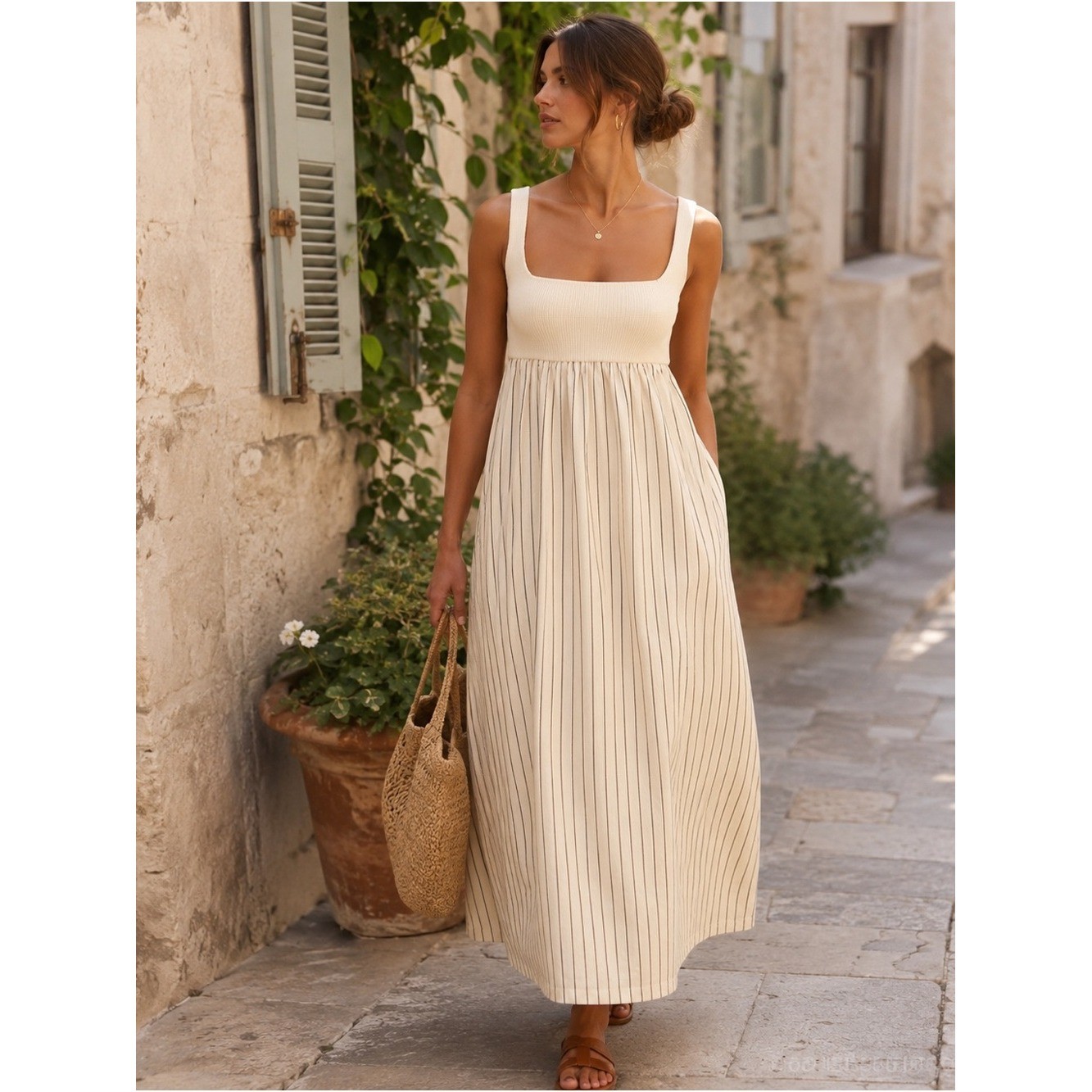 English Factory Tie Back Knit Striped Maxi Dress Medium M cream