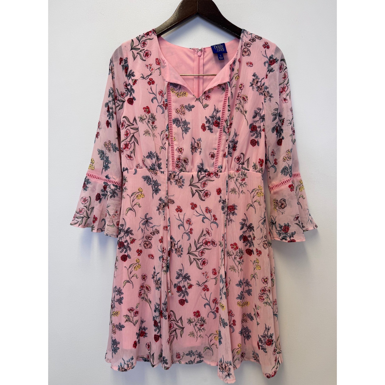 Disney Beauty and the Beast Pink Floral Chiffon Bell Sleeve Mini Dress Womens S