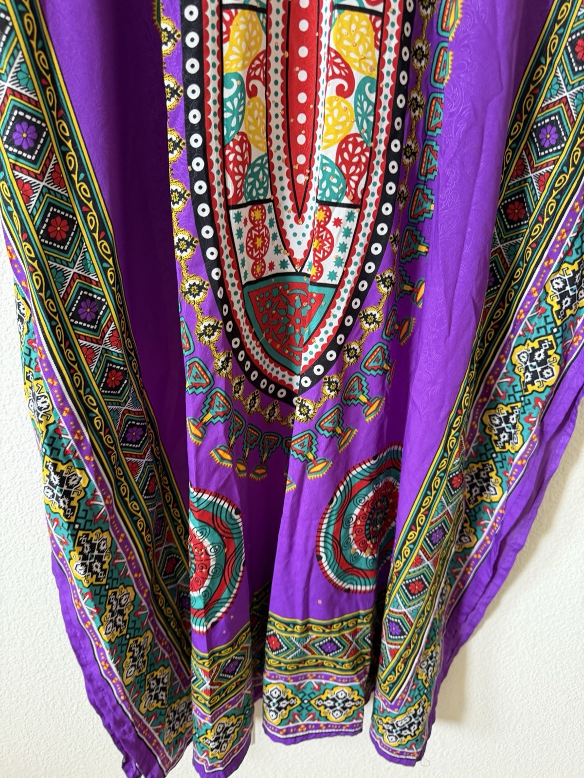 Sante Classics OS Purple Multicolor Kaftan V Neck Boho Print Dress