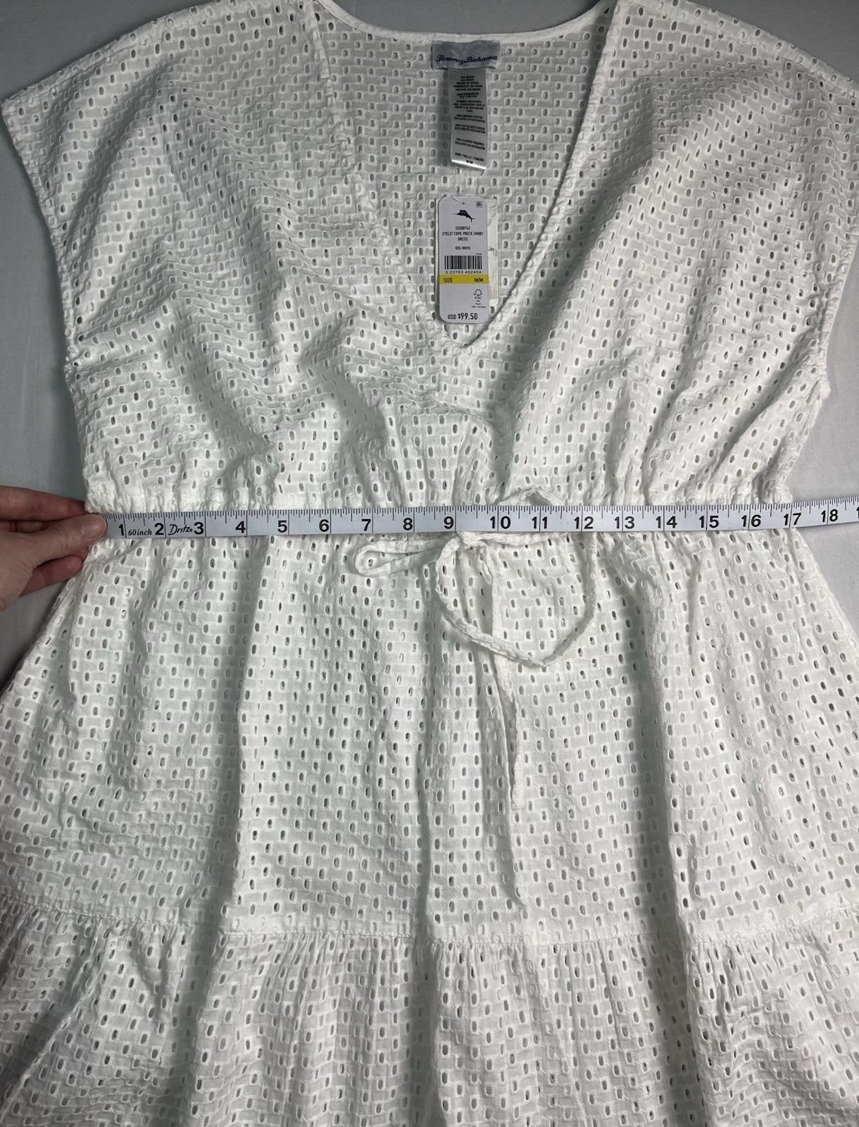 Tommy Bahama White Cotton Eyelet V-Neck Cap Sleeve Tie Waist Dress M *STAIN*