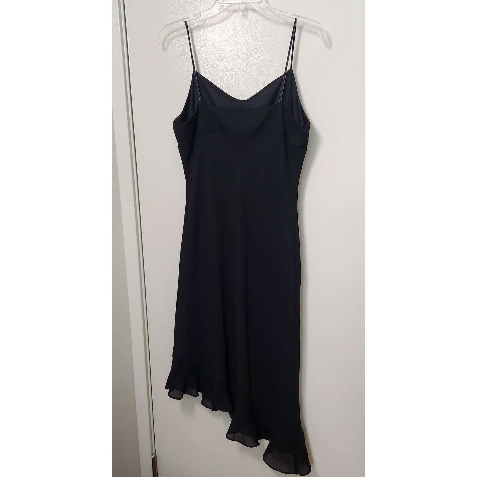 Black Asymmetrical Slip Dress Chiffon Strappy Y2K 90s Ruffle HOCO Large Vtg