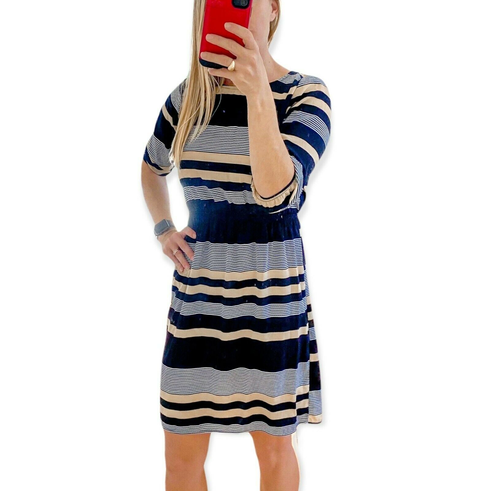 Needle & Thread Navy Gold Striped Fit and Flare Above Knee Dress Size Small