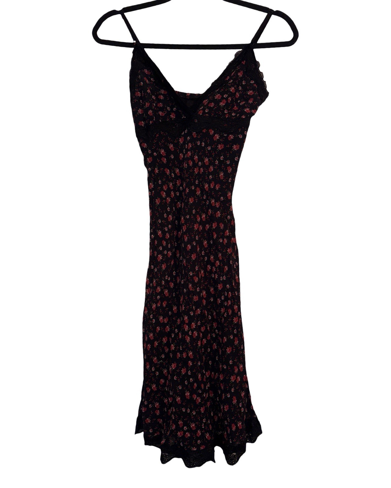 Black With Red Floral Pattern And Lace Trim Midi Dress