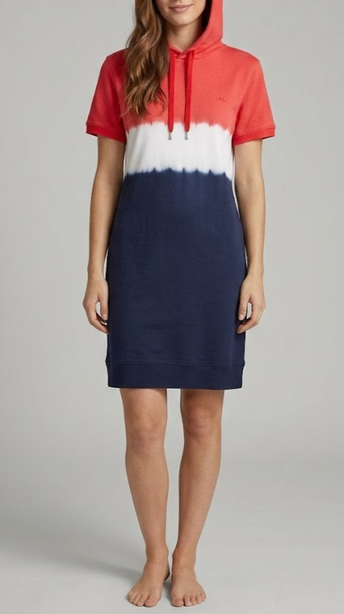 Lauren Ralph Lauren Size L Red White Navy Tie Dye Hooded Sweatshirt Dress LRL.
