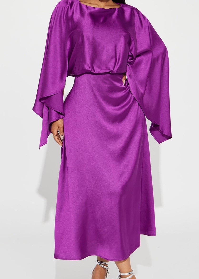 Fashion Nova Purple Satin V-Neck Open Back Draped Kimono Sleeve Midi Dress S