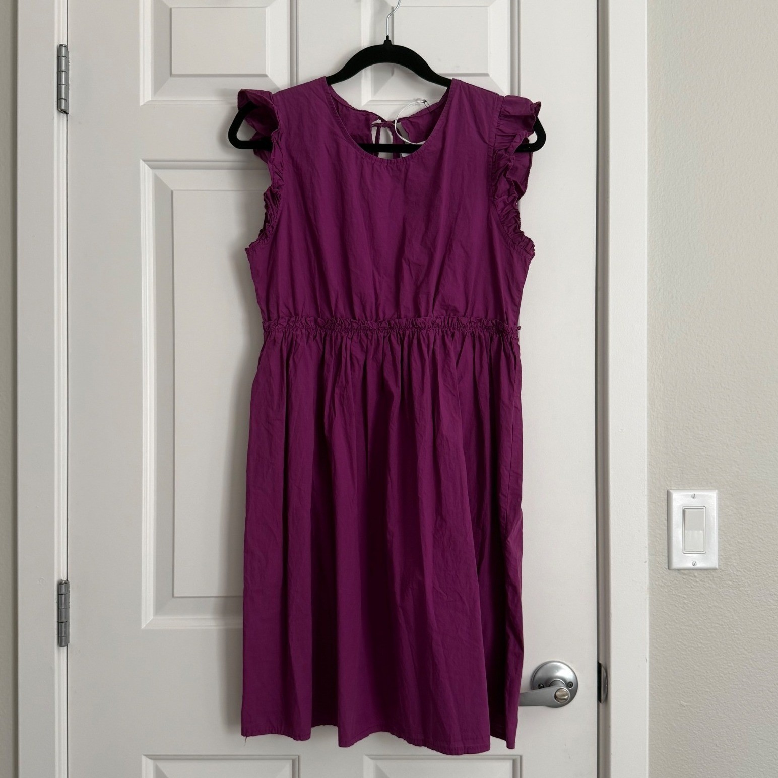 Adele Altman Italian Cotton Dress Size S/M Purple Ruffle Sleeve Tie Back NWT