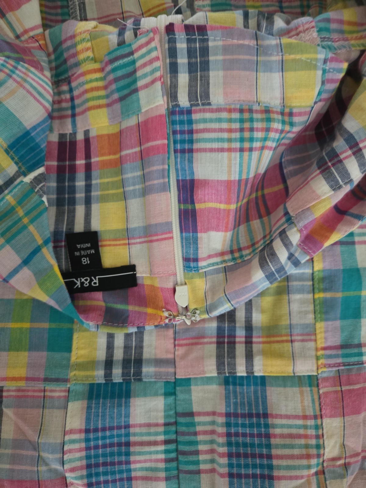 R&K Original Multi Madras Patchwork Plaid Ruffle Sleeve Dress Size 18, Cotton