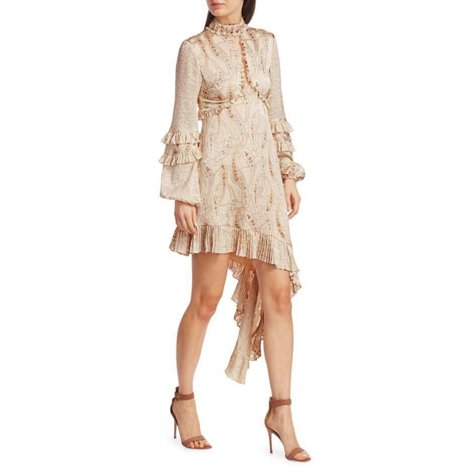 Alexis LIORA Asymmetrical Empire-Waist Keyhole Ruffle Long-Sleeve Satin Dress XS