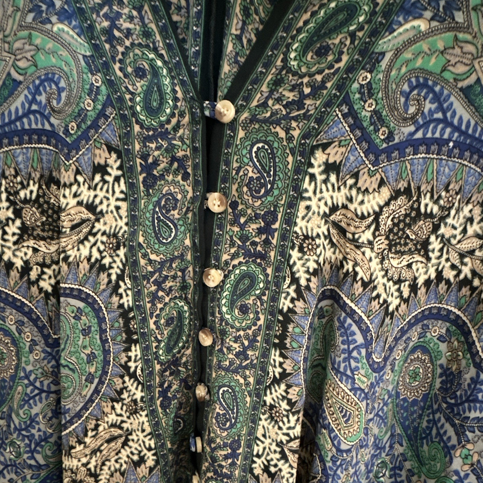 Swarna Silk Viscose Chiffon Paisley Blue Green V-Neck Long Kaftan One Size