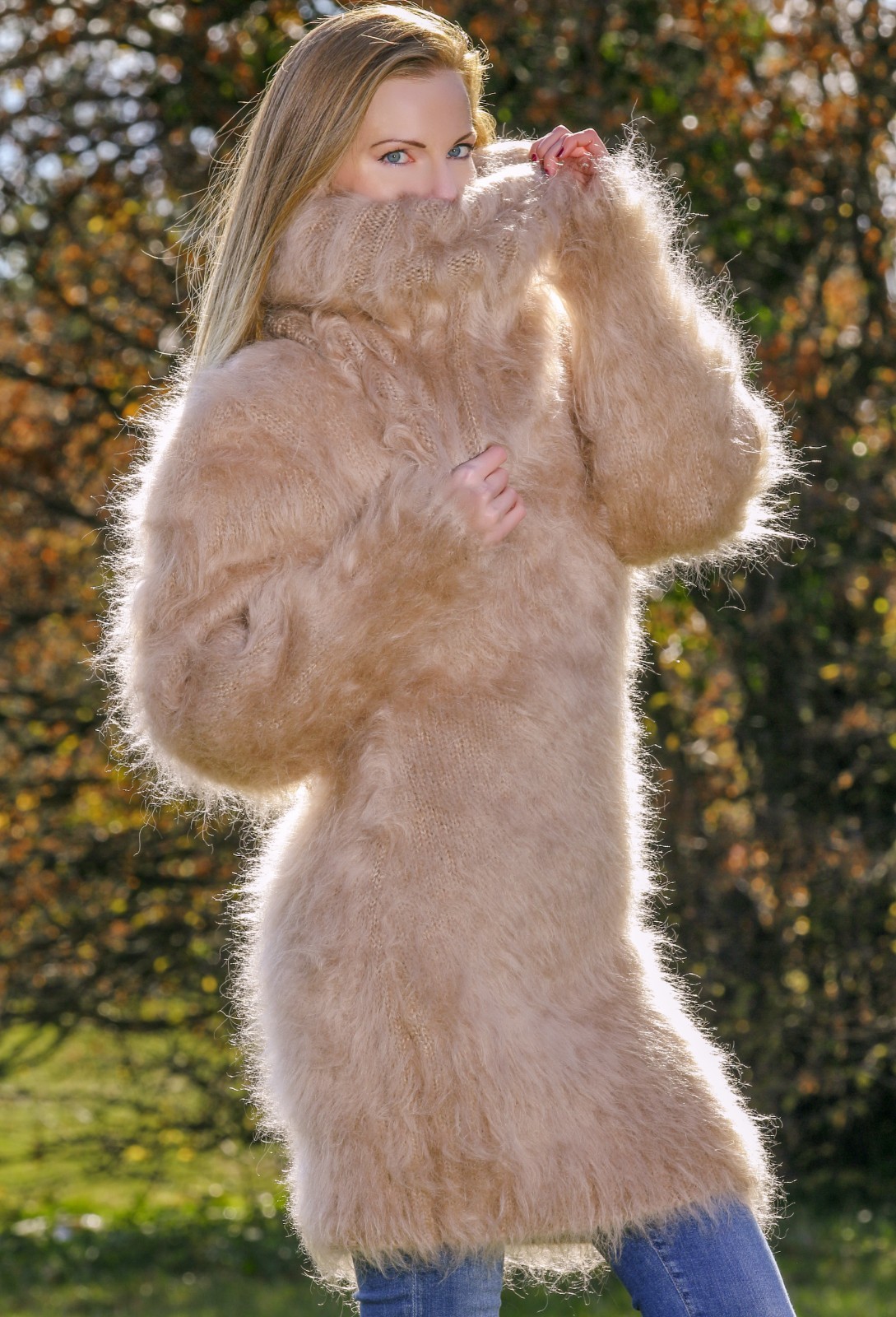 Fuzzy beige mohair dress handmade sweater with extra long turtleneck size L