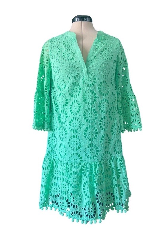 Lilly Pulitzer Green Eyelet Dress – Size Small, Pom Pom Trim, Boho Resort Vibes