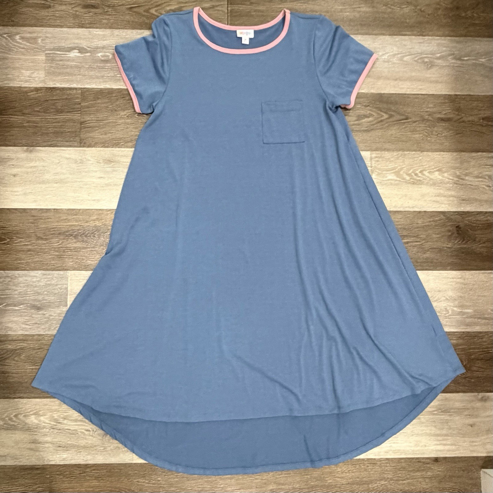 LuLaRoe Carly Hi Lo Dress Sz Medium Periwinkle Blue Pink Trim Chest Pocket NWOT!