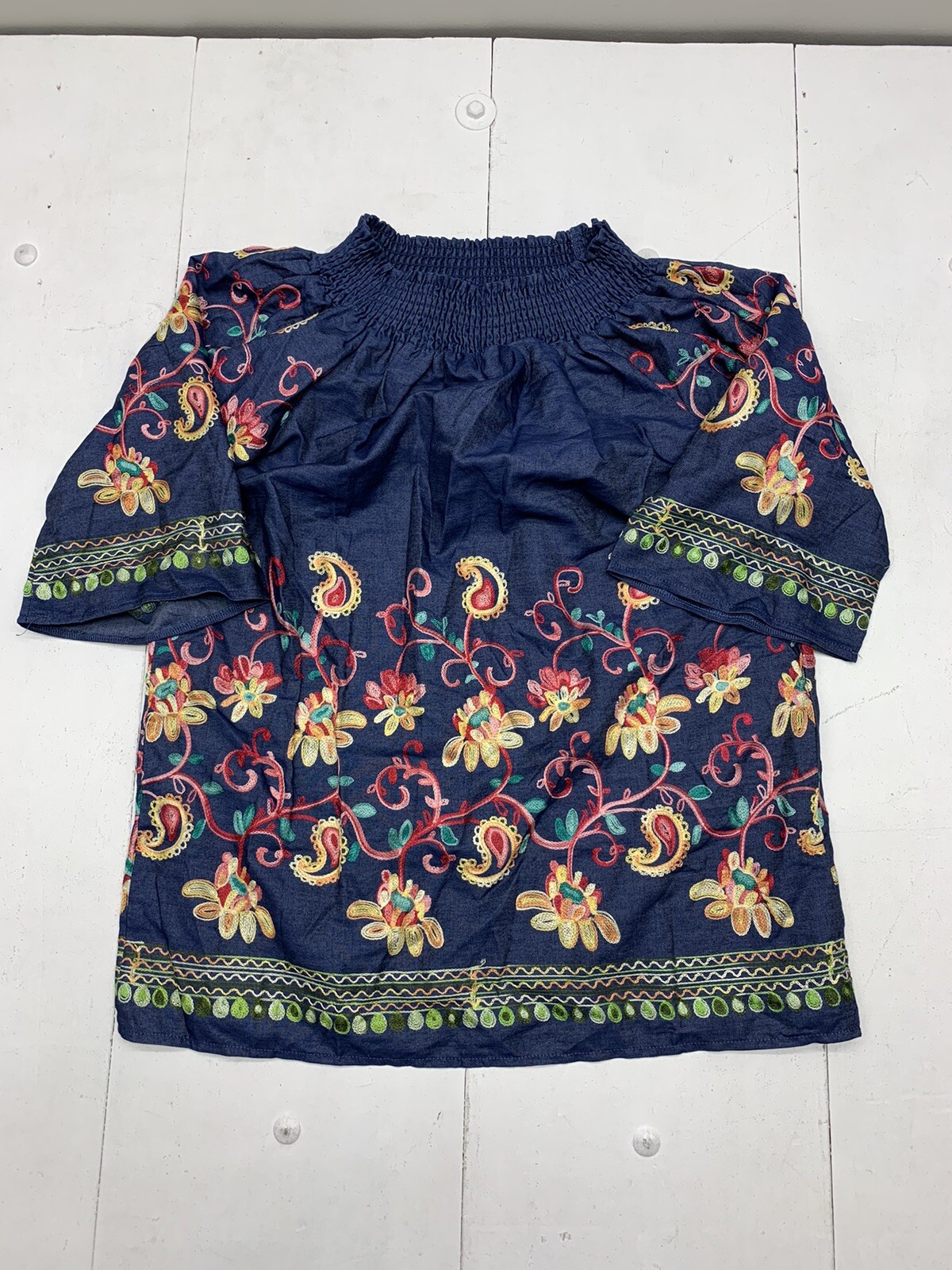 Oso Casuals Womens Dark Blue Floral Embroidered Dress Size Large